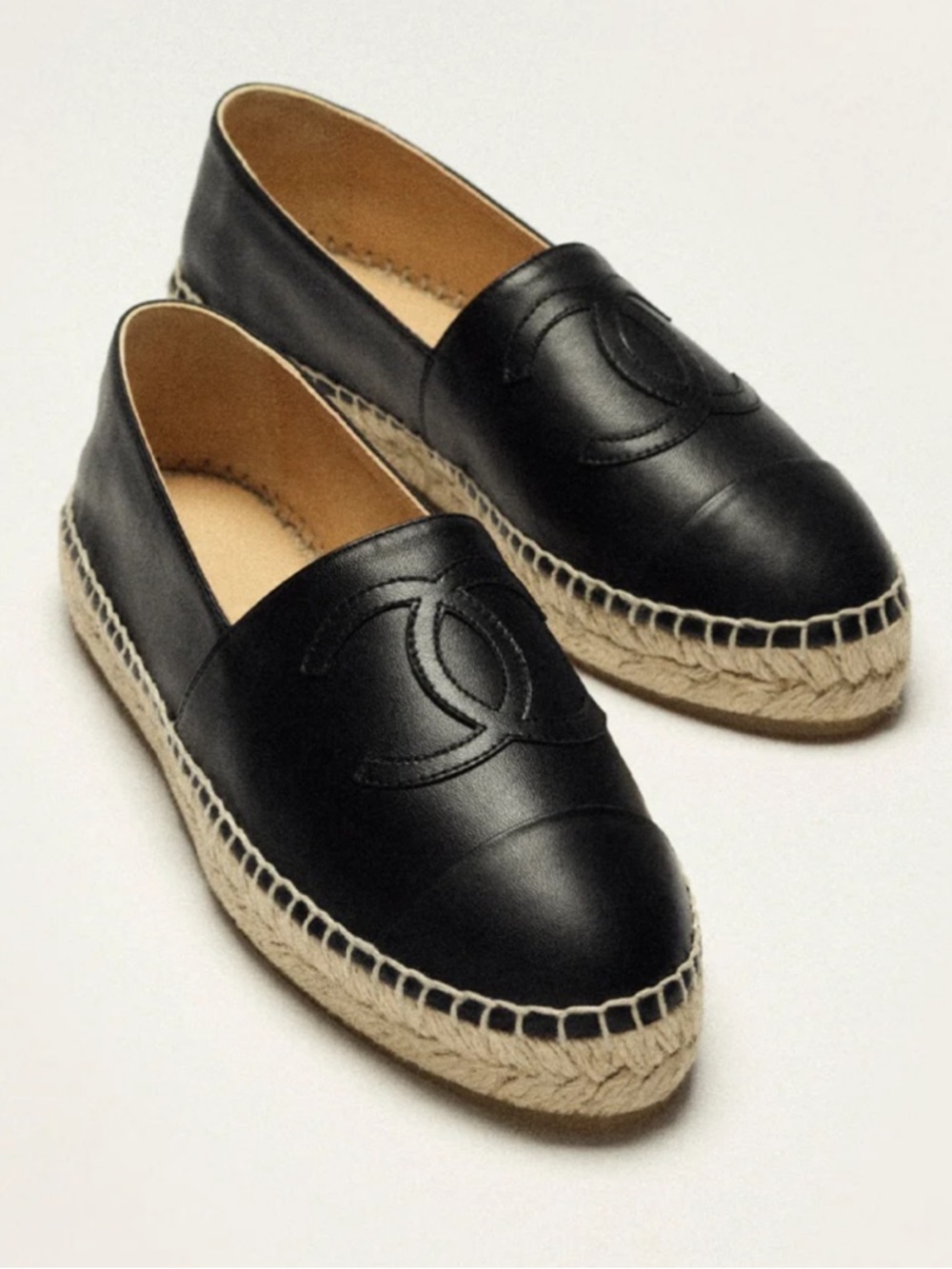 CHANEL Navy Leather Espadrilles with Black Cap Toe